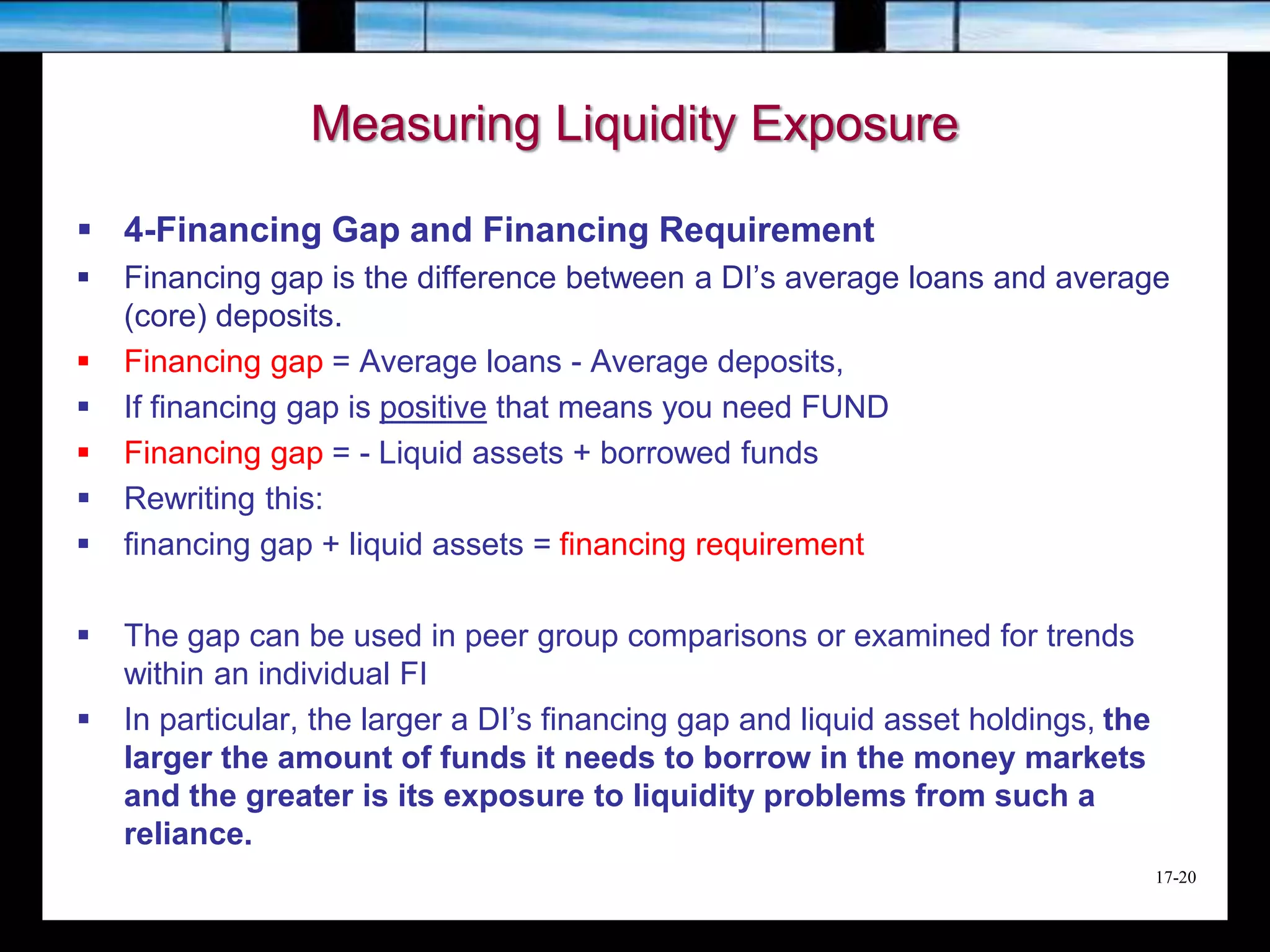 17-20
Measuring Liquidity Exposure
 4-Financing Gap and Financing Requirement
 Financing gap is the difference between a DI’s average loans and average
(core) deposits.
 Financing gap = Average loans - Average deposits,
 If financing gap is positive that means you need FUND
 Financing gap = - Liquid assets + borrowed funds
 Rewriting this:
 financing gap + liquid assets = financing requirement
 The gap can be used in peer group comparisons or examined for trends
within an individual FI
 In particular, the larger a DI’s financing gap and liquid asset holdings, the
larger the amount of funds it needs to borrow in the money markets
and the greater is its exposure to liquidity problems from such a
reliance.
 