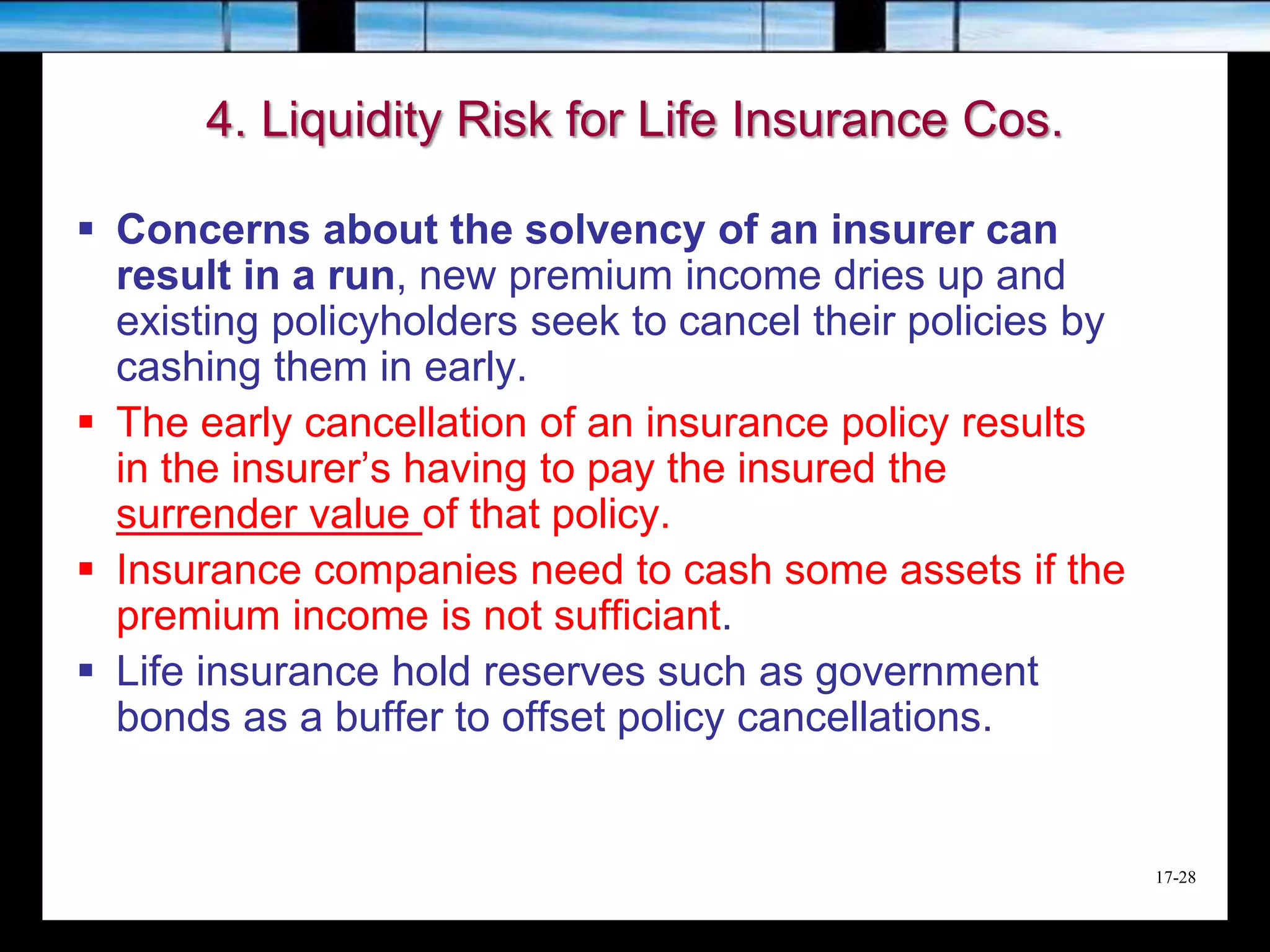 17-28
4. Liquidity Risk for Life Insurance Cos.
 Concerns about the solvency of an insurer can
result in a run, new premium income dries up and
existing policyholders seek to cancel their policies by
cashing them in early.
 The early cancellation of an insurance policy results
in the insurer’s having to pay the insured the
surrender value of that policy.
 Insurance companies need to cash some assets if the
premium income is not sufficiant.
 Life insurance hold reserves such as government
bonds as a buffer to offset policy cancellations.
 