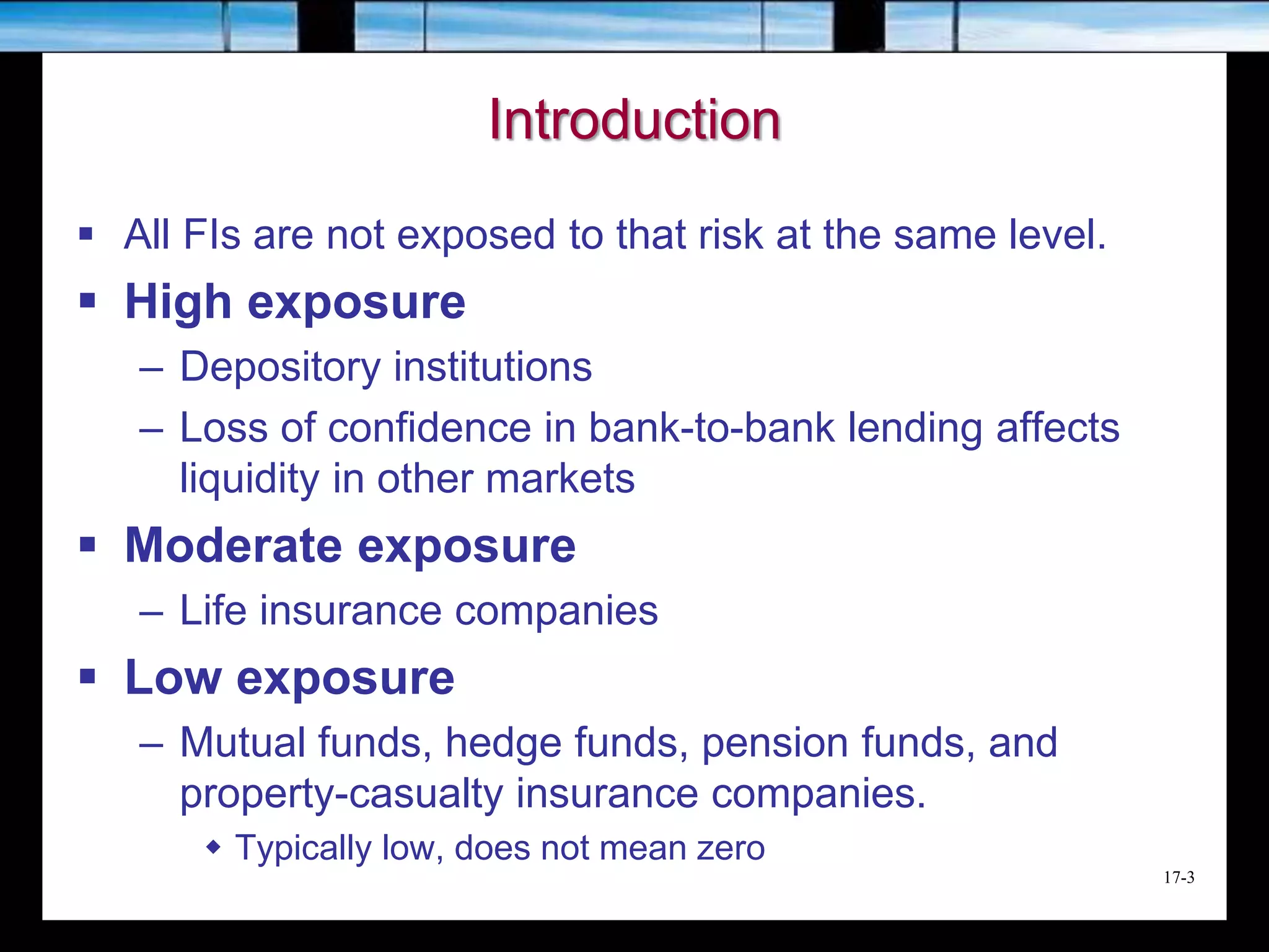 17-3
Introduction
 All FIs are not exposed to that risk at the same level.
 High exposure
– Depository institutions
– Loss of confidence in bank-to-bank lending affects
liquidity in other markets
 Moderate exposure
– Life insurance companies
 Low exposure
– Mutual funds, hedge funds, pension funds, and
property-casualty insurance companies.
 Typically low, does not mean zero
 