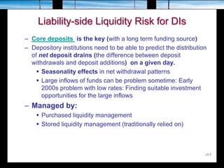17-7
Liability-side Liquidity Risk for DIs
– Core deposits is the key (with a long term funding source)
– Depository institutions need to be able to predict the distribution
of net deposit drains (the difference between deposit
withdrawals and deposit additions) on a given day.
 Seasonality effects in net withdrawal patterns
 Large inflows of funds can be problem sometime: Early
2000s problem with low rates: Finding suitable investment
opportunities for the large inflows
– Managed by:
 Purchased liquidity management
 Stored liquidity management (traditionally relied on)
 