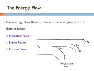 The Energy Flow
 The energy flow through the engine is expressed in 3
distinct terms
 Indicated Power
 Brake Power
 Friction Power
18
 