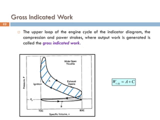 Gross Indicated Work
 The upper loop of the engine cycle of the indicator diagram, the
compression and power strokes, where output work is generated is
called the gross indicated work.
C
A
W ig
c +
=
,
22
 
