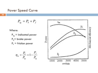 Power Speed Curve
Where:
Pig = indicated power
Pb= brake power
Pf = friction power
33
f
b
ig P
P
P +
=
ig
f
ig
b
m
P
P
P
P
−
=
= 1
η
 
