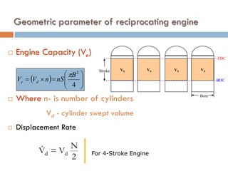 Geometric parameter of reciprocating engine
 Engine Capacity (Ve)
 Where n- is number of cylinders
Vd - cylinder swept volume
 Displacement Rate
Stroke VS
Bore
VS VS VS
TDC
BDC
( ) 







=
×
=
4
2
B
nS
n
V
V d
e
π
For 4-Stroke Engine
 