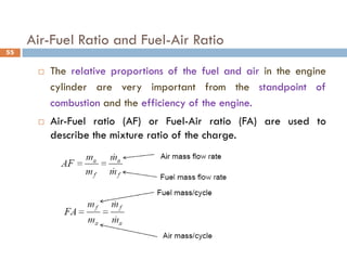 Air-Fuel Ratio and Fuel-Air Ratio
 The relative proportions of the fuel and air in the engine
cylinder are very important from the standpoint of
combustion and the efficiency of the engine.
 Air-Fuel ratio (AF) or Fuel-Air ratio (FA) are used to
describe the mixture ratio of the charge.
55
 