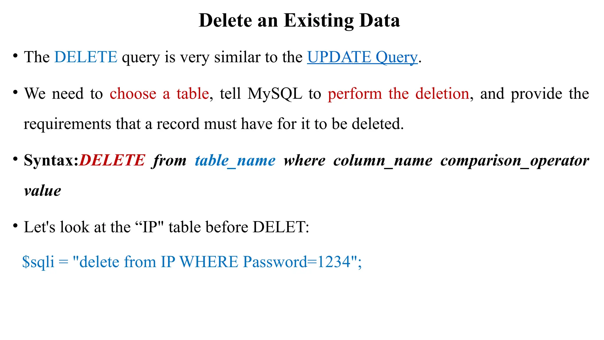 Delete an Existing Data
• The DELETE query is very similar to the UPDATE Query.
• We need to choose a table, tell MySQL to perform the deletion, and provide the
requirements that a record must have for it to be deleted.
• Syntax:DELETE from table_name where column_name comparison_operator
value
• Let's look at the “IP" table before DELET:
$sqli = "delete from IP WHERE Password=1234";
 