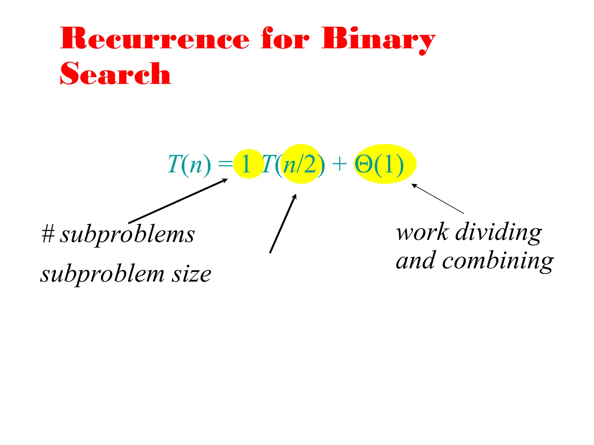 Recurrence for Binary
Search
T(n) = 1 T(n/2) + (1)
# subproblems
subproblem size
work dividing
and combining
 