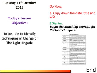 Tuesday 11th October
2016
Today’s Lesson
Objective:
To be able to identify
techniques in Charge of
The Light Brigade
Do Now:
1: Copy down the date, title and
L/O
2 Starter:
Begin the matching exercise for
Poetic techniques.
End
 