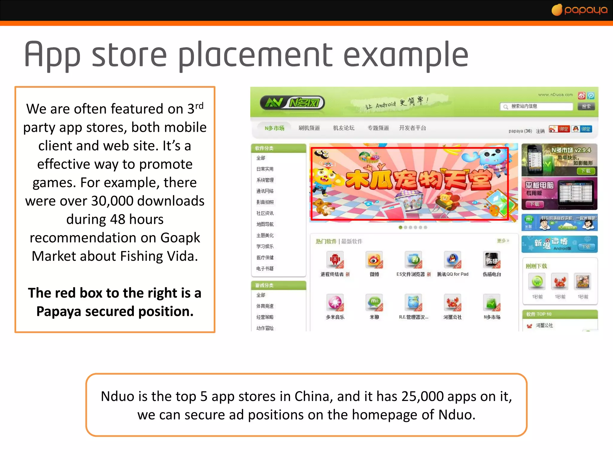 We are often featured on 3rd
party app stores, both mobile
   client and web site. It’s a
   effective way to promote
  games. For example, there
were over 30,000 downloads
        during 48 hours
 recommendation on Goapk
 Market about Fishing Vida.

The red box to the right is a
 Papaya secured position.




            Nduo is the top 5 app stores in China, and it has 25,000 apps on it,
                 we can secure ad positions on the homepage of Nduo.
 