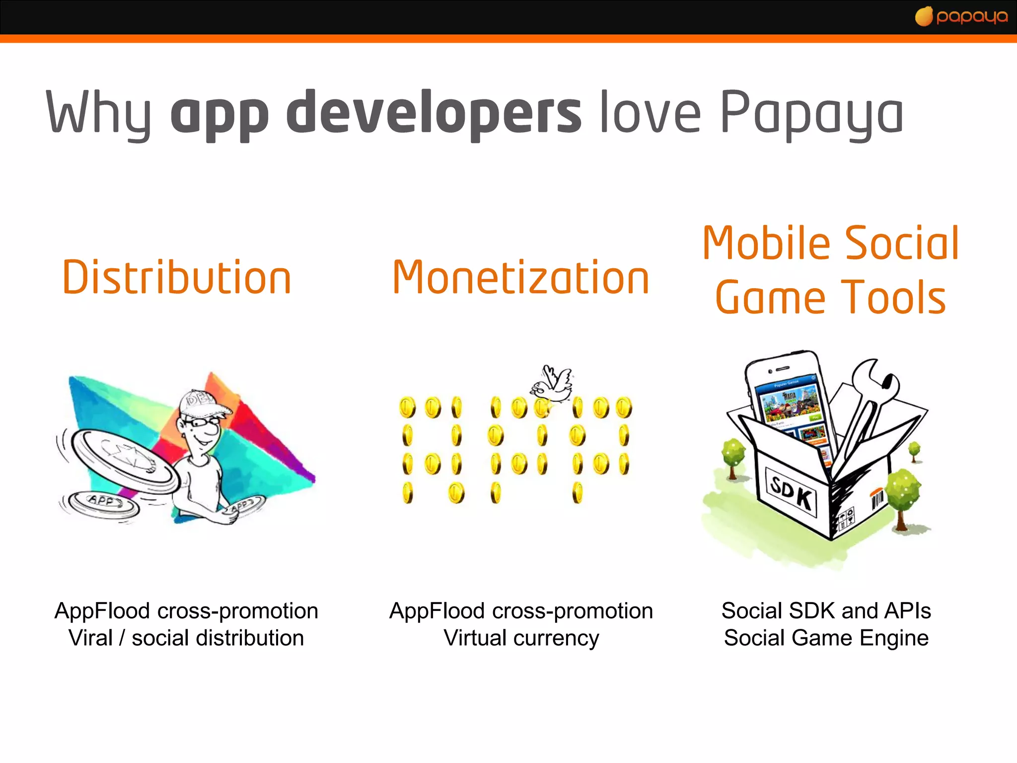 AppFlood cross-promotion       AppFlood cross-promotion   Social SDK and APIs
 Viral / social distribution       Virtual currency       Social Game Engine
 