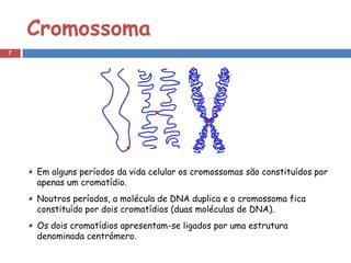 Cromossoma
7




    Em alguns períodos da vida celular os cromossomas são constituídos por
    apenas um cromatídio.
    Noutros períodos, a molécula de DNA duplica e o cromossoma fica
    constituído por dois cromatídios (duas moléculas de DNA).
    Os dois cromatídios apresentam-se ligados por uma estrutura
    denominada centrómero.
 