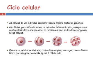 Ciclo celular
8




    As células de um indivíduo possuem todas o mesmo material genético.
    As células, para além de serem as unidades básicas da vida, asseguram a
    continuidade dessa mesma vida, na medida em que se dividem e originam
    novas células.




    Quando as células se dividem, cada célula origina, em regra, duas células-
    filhas que são geneticamente iguais à célula-mãe.
 