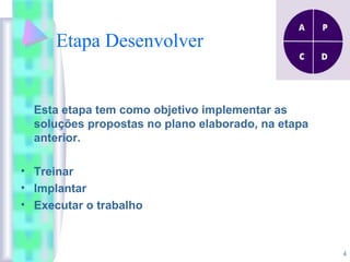 4
Etapa Desenvolver
Esta etapa tem como objetivo implementar as
soluções propostas no plano elaborado, na etapa
anterior.
• Treinar
• Implantar
• Executar o trabalho