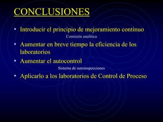 CONCLUSIONES
• Introducir el principio de mejoramiento continuo
Comisión analítica
• Aumentar en breve tiempo la eficiencia de los
laboratorios
• Aumentar el autocontrol
Sistema de autoinspecciones
• Aplicarlo a los laboratorios de Control de Proceso
 