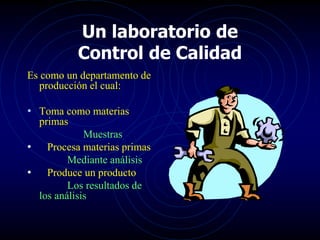 Un laboratorio de
Control de Calidad
Es como un departamento de
producción el cual:
• Toma como materias
primas
Muestras
• Procesa materias primas
Mediante análisis
• Produce un producto
Los resultados de
los análisis
 