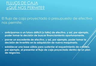 FLUJOS DE CAJA
¿QUÉ NOS PERMITE?
El flujo de caja proyectado o presupuesto de efectivo
nos permite:
• anticiparnos a un futuro déficit (o falta) de efectivo, y así, por ejemplo,
poder tomar la decisión de buscar financiamiento oportunamente.
• prever un excedente de efectivo, y así, por ejemplo, poder tomar la
decisión de invertirlo en la adquisición de nueva maquinaria.
• establecer una base sólida para sustentar el requerimiento de créditos,
por ejemplo, al presentar el flujo de caja proyectado dentro de un plan
de negocios.
 