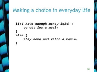 36
Making a choice in everyday life
if(I have enough money left) {
go out for a meal;
}
else {
stay home and watch a movie;
}
 