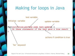 39
Making for loops in Java
Objects First with Java - A Practical Introduction using BlueJ, © David J. Barnes, Michael Kölling
for(initialize;perform some test;update) {
Do these statements if the test gave a true result
}
‘for’ keyword
test variable
actions if condition is true
update variableInitialize variable
 