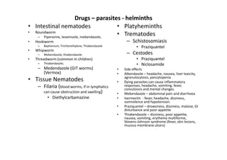 Drugs – parasites - helminths
• Intestinal nematodes                    • Platyheminths
• Roundworm
   – Piperazine, levamisole, mebendazole,
                                          • Trematodes
•   Hookworm                                               – Schistosomiasis
     –   Bephenium, Trichlorethylene, Thiabendazole               • Praziquantel
•   Whipworm
     –   Mebendazole, thiabendazole                        – Cestodes
•   Threadworm (common in children)                               • Praziquantel
     –   Thiabendazole,                                           • Niclosamide
     – Medendazole (GIT worms)                        •   Side effects
       (Vermox)                                       •   Albendazole – headache, nausea, liver toxicity,
                                                          agranulocytosis, pancytopenia
• Tissue Nematodes                                    •   Dying parasites can cause inflammatory
     – Filaria (blood worms, if in lymphatics             responses, headache, vomiting, fever,
                                                          convulsions and mental changes.
       can cause obstruction and swelling)            •   Mebendazole – abdominal pain and diarrhoea
           • Diethylcarbamazine                       •   Ivermectin - fever, headache, dizziness,
                                                          somnolence and hypotension.
                                                      •   Praziquantel – drowsiness, dizziness, malaise, GI
                                                          disturbance and poor appetite
                                                      •   Thiabendazole – dizziness, poor appetite,
                                                          nausea, vomiting, erythema multiforme,
                                                          Stevens-Johnson syndrome (fever, skin lesions,
                                                          mucous membrane ulcers)
 