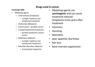 Drugs used in cancer
Inactivate DNA                          • Alkylating agents are
• Alkylating agents                        carcinogenic and can cause
     – Chlorambucil (Endoxana)
                                           treatment induced
          – multiple myeloma and
            lymphocytic leukemia           neoplasms many years after
     – Ifosfamide (Mitozana)               treatment
     – Estramustine - prostate cancer   • Common:
     – Cyclophosphamide (Endoxana)
                                        • Vomiting
          – Burkitts lymphoma, breast
            cancer                      • Stomatitis
     – Melphalan (Alkaran)              • poor appetite, diarrhoea
          – multiple myeloma and
            lymphocytic leukaemia       • hair loss
     – Bulsulfan (Busulfex, Myleran)    • bone marrow suppression
       – Granulocytic leukaemia
 