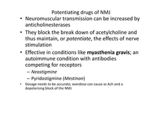 Potentiating drugs of NMJ
• Neuromuscular transmission can be increased by
  anticholinesterases
• They block the break down of acetylcholine and
  thus maintain, or potentiate, the effects of nerve
  stimulation
• Effective in conditions like myasthenia gravis; an
  autoimmune condition with antibodies
  competing for receptors
    – Neostigmine
    – Pyridostigmine (Mestinon)
• Dosage needs to be accurate; overdose can cause xs Ach and a
  depolarising block of the NMJ
 