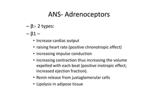 ANS- Adrenoceptors
– β:- 2 types:
– β1 –
   • Increase cardiac output
   • raising heart rate (positive chronotropic effect)
   • increasing impulse conduction
   • increasing contraction thus increasing the volume
     expelled with each beat (positive inotropic effect;
     increased ejection fraction).
   • Renin release from juxtaglomerular cells
   • Lipolysis in adipose tissue
 