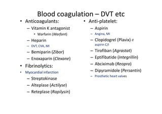 Blood coagulation – DVT etc
• Anticoagulants:              • Anti-platelet:
    – Vitamin K antagonist        – Aspirin
        • Warfarin (Warfant)      – Angina, MI
    – Heparin                     – Clopidogrel (Plavix) if
    – DVT, CVA, MI                    aspirin C/I

    – Bemiparin (Zibor)           –   Tirofiban (Agrastat)
    – Enoxaparin (Clexane)        –   Eptifibatide (Integrillin)
• Fibrinolytics:                  –   Abciximab (Reopro)
• Myocardial infarction           –   Dipyramidole (Persantin)
                                  – Prosthetic heart valves
    – Streptokinase
    – Alteplase (Actilyse)
    – Reteplase (Rapilysin)
 