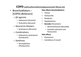 COPD (asthma/bronchitis/emphysema/cystic fibrosis etc)
• Bronchodilators –               Side effects (brochodilators)
                                  • Tremor
  (COPD) (Relievers)
                                  • Tachycardia
   – β2 agonists                  • Headache
      • Salbutamol (Ventolin)     • Hypokalaemia
      • Terbutaline (Bricanyl)    • Steroids (Preventers)
   – Muscarinic blockers              – Beclomethasone (Becotide)
      • Ipratropium (Atrovent)        – Serotide (salmetrol and
   – Combinations                        fluticasone)
      • Salbutamol, Ipratropium   Side effects
        (Combivent)               • Hoarseness
   – Xanthines                    • Candidiasis of mouth
      • Aminophylline
        (Phyllocontin)
 