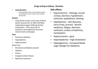 Drugs acting on kidney - Diuretics
•   Loop Diuretics                                          Side effects
     –   Bumetanide (Burinex), Furosemide/Frusemide
         (Co-Amilofruse, Lasix, Frusol, Frumil, Lasikal),   • Hyponatremia – lethargy, muscle
         Torasemide                                            cramps, dizziness, hypotension,
Actions                                                        confusion, palpitations, fainting
• Loop diuretics work in the Loop of Henle
    (which accounts for 25-30% of all NaCL                  • Hypokalemia – diet (bananas,
    reabsorption) again inhbiting the Na+                      citrus fruits, prunes) - Muscle
    transporters. They cause loss of                           weakness, fatigue, dizziness,
    potassium and magnesium but leave                          confusion, cardiac arrhythmias,
    calcium levels unchanged.
                                                               constipation
Uses
• Pulmonary Oedema                                          • Hyperuricemia – gout
• Hyperkalemia                                              • Hyperlipidemia – high cholesterol
• Hypercalcemia                                             • Hyperglycemia – increased blood
Broad uses                                                     sugar (danger for diabetics)
• Premenstrual Oedema (severe)
• Oedema
• Ascites
• Congestive Heart Failure
• Nephrotic Syndrome
 
