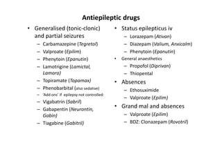 Antiepileptic drugs
• Generalised (tonic-clonic)                 • Status epilepticus iv
  and partial seizures                            – Lorazepam (Ativan)
   – Carbamazepine (Tegretol)                     – Diazepam (Valium, Anxicalm)
   – Valproate (Epilim)                           – Phenytoin (Epanutin)
   – Phenytoin (Epanutin)                    •   General anaesthetics
   – Lamotrigine (Lamictal,                       – Propofol (Diprivan)
     Lamoro)                                      – Thiopental
   – Topiramate (Topamax)                    • Absences
   – Phenobarbital (also sedative)                – Ethosuximide
   – ‘Add ons’ if epilepsy not controlled:
                                                  – Valproate (Epilim)
   – Vigabatrin (Sabril)
   – Gabapentin (Neurontin,
                                             • Grand mal and absences
     Gabin)                                       – Valproate (Epilim)
   – Tiagabine (Gabitril)                         – BDZ: Clonazepam (Rovotril)
 