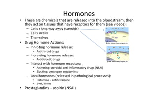 Hormones
• These are chemicals that are released into the bloodstream, then
  they act on tissues that have receptors for them (see videos):
   – Cells a long way away (steroids)
   – Cells locally
   – Themselves
• Drug Hormone Actions:
   – Inhibiting hormone release:
       • Antithyroid drugs
   – Increasing hormone release:
       • Antidiabetic drugs
   – Interact with hormone receptors:
       • Activating: steroidal anti-inflammatory drugs (NSAI)
       • Blocking: oestrogen antagonists
   – Local hormones (released in pathological processes):
       • Histamine - antihistamine
       • 5-HT, kinins
• Prostaglandins – aspirin (NSAI)
 