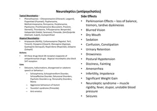 Neuroleptics (antipsychotics)
Typical Neuroleptics –                                           Side Effects
•    Phenothiazines – Chlorpromazine (Chloractil, Largactil),
     Flupentixol (Fluanxol), Fluphenazine,                       • Parkinsonian Effects – loss of balance,
     Methotrimeprazine, Pericyazine, Perphenazine,
     Pipotiazine, Prochlorperazine (Buccastem, Proziere,
                                                                    tremors, tardive dyskinesias
     Stemetil), Thioridazine, Trifluoperazine; Benperidol,       • Blurred Vision
     Haloperidol (Haldol, Serenace), Pimozide, (Ami)Sulpride
     (Dolmatil, Sulptil), Zuclopenthixol                         • Dry Mouth
Atypical Neuroleptics -
•    Aripipazole (Abilify), Carbamazepine (Tegretol, Teril,
                                                                 • Sedation
     Timonil), Clozapine (Clozaril), Olanzapine (Zyprexa),       • Confusion, Constipation
     Quetiapine (Seroquel), Risperidone (Risperdal), Zotepine
     (Zoleptil)                                                  • Urinary Retention
Actions
•    All these drugs block DA receptors (opposite of
                                                                 • Drowsiness
     antiparkinsonian drugs). Atypical neuroleptics also block   • Postural Hypotension
     5HT receptors
Uses                                                             • Dizziness, Fainting
•    Delusions, hallucinations, disorganised or catatonic
     speech or behaviour :
                                                                 • Amenorrhea
        – Schizophrenia, Schizophreniform Disorder,              • Infertility, Impotence
            Schizoaffective Disorder, Delusional Disorders,
            Psychotic Disorders e.g. Personality Disorders,      • Significant Weight Gain
            Mania
        – Aggressive behaviours of Autism
                                                                 • Neuroleptic syndrome – muscle
        – Tourette’s syndrome (Pimozide)                            rigidity, fever, stupor, unstable blood
        – Anti-emetics                                              pressure
                                                                 • Seizures
 