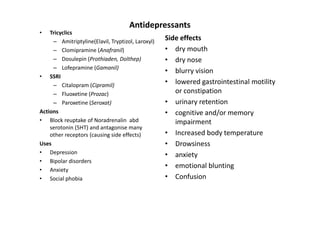 Antidepressants
•   Tricyclics
     – Amitriptyline(Elavil, Tryptizol, Laroxyl)
                                                   Side effects
     – Clomipramine (Anafranil)                    • dry mouth
     – Dosulepin (Prothiaden, Dolthep)             • dry nose
     – Lofepramine (Gamanil)
                                                   • blurry vision
• SSRI
     – Citalopram (Cipramil)
                                                   • lowered gastrointestinal motility
     – Fluoxetine (Prozac)                            or constipation
     – Paroxetine (Seroxat)                        • urinary retention
Actions                                            • cognitive and/or memory
• Block reuptake of Noradrenalin abd                  impairment
    serotonin (5HT) and antagonise many
    other receptors (causing side effects)         • Increased body temperature
Uses                                               • Drowsiness
• Depression                                       • anxiety
• Bipolar disorders
• Anxiety
                                                   • emotional blunting
• Social phobia                                    • Confusion
 