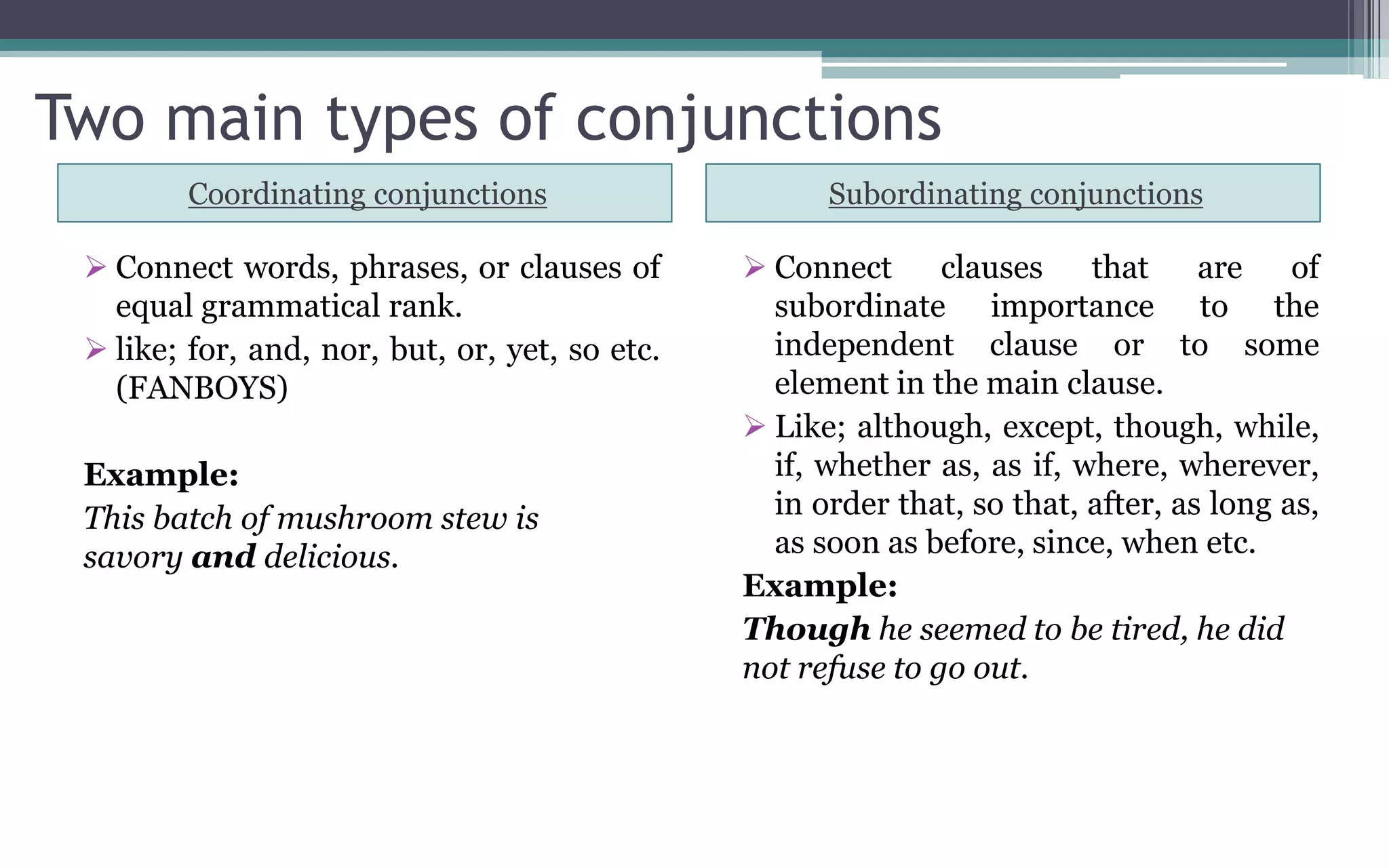 Two main types of conjunctions
Coordinating conjunctions Subordinating conjunctions
 Connect words, phrases, or clauses of
equal grammatical rank.
 like; for, and, nor, but, or, yet, so etc.
(FANBOYS)
Example:
This batch of mushroom stew is
savory and delicious.
 Connect clauses that are of
subordinate importance to the
independent clause or to some
element in the main clause.
 Like; although, except, though, while,
if, whether as, as if, where, wherever,
in order that, so that, after, as long as,
as soon as before, since, when etc.
Example:
Though he seemed to be tired, he did
not refuse to go out.
 