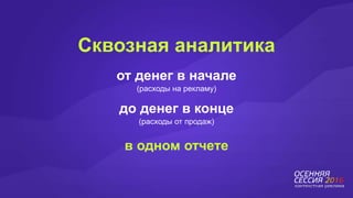 от денег в начале
Сквозная аналитика
(расходы на рекламу)
до денег в конце
(расходы от продаж)
в одном отчете
 
