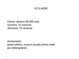 III CLASSE Censo: almeno 50.000 assi. Iuniores : 10 centurie. Seniores : 10 centurie. Armamento:  galea  (elmo);  scutum  (scudo prima ovale  poi rettangolare); .  