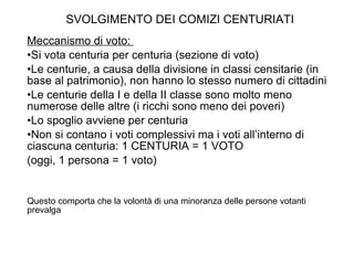 Meccanismo di voto:  Si vota centuria per centuria (sezione di voto) Le centurie, a causa della divisione in classi censitarie (in base al patrimonio), non hanno lo stesso numero di cittadini Le centurie della I e della II classe sono molto meno numerose delle altre (i ricchi sono meno dei poveri) Lo spoglio avviene per centuria Non si contano i voti complessivi ma i voti all’interno di ciascuna centuria: 1 CENTURIA = 1 VOTO (oggi, 1 persona = 1 voto) Questo comporta che la volontà di una minoranza delle persone votanti prevalga SVOLGIMENTO DEI COMIZI CENTURIATI 