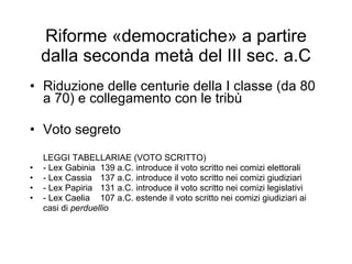 Riforme  « democratiche » a partire dalla seconda metà del III sec. a.C Riduzione delle centurie della I classe (da 80 a 70) e collegamento con le tribù Voto segreto LEGGI TABELLARIAE (VOTO SCRITTO) - Lex Gabinia  139 a.C. introduce il voto scritto nei comizi elettorali - Lex Cassia  137 a.C. introduce il voto scritto nei comizi giudiziari - Lex Papiria  131 a.C. introduce il voto scritto nei comizi legislativi - Lex Caelia  107 a.C. estende il voto scritto nei comizi giudiziari ai  casi di  perduellio 