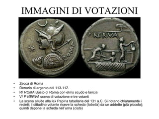 IMMAGINI DI VOTAZIONI Zecca di Roma Denario di argento del 113-112.  R/  ROMA  Busto di Roma con elmo scudo e lancia V/  P NERVA  scena di votazione e tre votanti La scena allude alla lex Papiria tabellaria del 131 a.C. Si notano chiaramente i recinti; il cittadino votante riceve la scheda ( tabella ) da un addetto (più piccolo); quindi depone la scheda nell’urna ( cista ) 