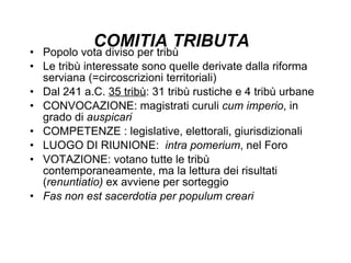 COMITIA TRIBUTA Popolo vota diviso per tribù Le tribù interessate sono quelle derivate dalla riforma serviana (=circoscrizioni territoriali)  Dal 241 a.C.  35 tribù : 31 tribù rustiche e 4 tribù urbane CONVOCAZIONE: magistrati curuli  cum imperio , in grado di  auspicari COMPETENZE : legislative, elettorali, giurisdizionali LUOGO DI RIUNIONE:  intra pomerium , nel Foro VOTAZIONE: votano tutte le tribù contemporaneamente, ma la lettura dei risultati ( renuntiatio)  ex avviene per sorteggio Fas non est sacerdotia per populum creari 