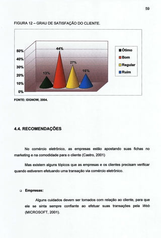 FIGURA 12- GRAU DE SATISFAÇÃO DO CLIENTE.
FONTE: IDGNOW, 2004.
4.4. RECOMENDAÇÕES
•ótimo
Bom
ORegular
• Ruim
59
No comércio eletrônico, as empresas estão apostando suas fichas no
marketing e na comodidade para o cliente (Castro, 2001)
Mas existem alguns tópicos que as empresas e os clientes precisam verificar
quando estiverem efetuando uma transação via comércio eletrônico.
Cl Empresas:
Alguns cuidados devem ser tomados com relação ao cliente, para que
ele se sinta sempre confiante ao .efetuar suas transações pela Web
(MICROSOFT, 2001).
 