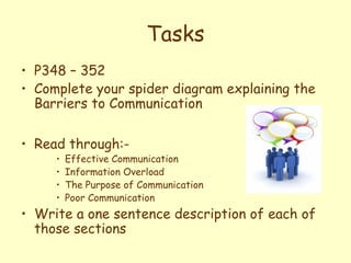 Tasks
• P348 – 352
• Complete your spider diagram explaining the
  Barriers to Communication

• Read through:-
     •   Effective Communication
     •   Information Overload
     •   The Purpose of Communication
     •   Poor Communication
• Write a one sentence description of each of
  those sections
 