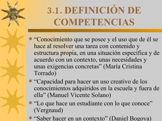 3.1. DEFINICIÓN DE COMPETENCIAS “ Conocimiento que se posee y el uso que de él se hace al resolver una tarea con contenido y estructura propia, en una situación específica y de acuerdo con un contexto, unas necesidades y unas exigencias concretas” (María Cristina Torrado)  “ Capacidad para hacer un uso creativo de los conocimientos adquiridos en la escuela y fuera de ella” (Manuel Vicente Solano) “ Lo que hace un estudiante con lo que conoce” (Vergnaud) “ Saber hacer en un contexto” (Daniel Bogoya) 