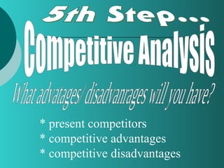 * present competitors
* competitive advantages
* competitive disadvantages
 