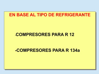 EN BASE AL TIPO DE REFRIGERANTE
-COMPRESORES PARA R 12
-COMPRESORES PARA R 134a
 