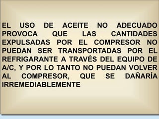 EL USO DE ACEITE NO ADECUADO
PROVOCA QUE LAS CANTIDADES
EXPULSADAS POR EL COMPRESOR NO
PUEDAN SER TRANSPORTADAS POR EL
REFRIGARANTE A TRAVÉS DEL EQUIPO DE
A/C, Y POR LO TANTO NO PUEDAN VOLVER
AL COMPRESOR, QUE SE DAÑARÍA
IRREMEDIABLEMENTE
 