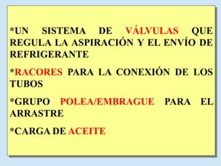 *UN SISTEMA DE VÁLVULAS QUE
REGULA LA ASPIRACIÓN Y EL ENVÍO DE
REFRIGERANTE
*RACORES PARA LA CONEXIÓN DE LOS
TUBOS
*GRUPO POLEA/EMBRAGUE PARA EL
ARRASTRE
*CARGA DE ACEITE
 