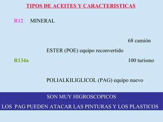 TIPOS DE ACEITES Y CARACTERISTICAS R12 MINERAL 68 camión ESTER (POE) equipo reconvertido R134a 100 turismo POLIALKILIGLICOL (PAG) equipo nuevo SON MUY HIGROSCOPICOS LOS  PAG PUEDEN ATACAR LAS PINTURAS Y LOS PLASTICOS 