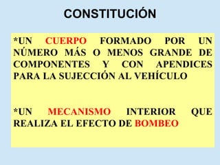 CONSTITUCIÓN *UN  CUERPO  FORMADO POR UN NÚMERO MÁS O MENOS GRANDE DE COMPONENTES Y CON APENDICES PARA LA SUJECCIÓN AL VEHÍCULO *UN  MECANISMO  INTERIOR QUE REALIZA EL EFECTO DE  BOMBEO 