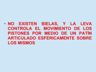 NO EXISTEN BIELAS, Y LA LEVA CONTROLA EL MOVIMIENTO DE LOS PISTONES POR MEDIO DE UN PATÍN ARTICULADO ESFERICAMENTE SOBRE LOS MISMOS 